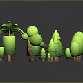 3D Modeled Green Plants With Various Shapes Including Palm Tree And Trunks On Dark Background