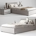 Modern Minimalist Double Bed with Headboard Stuffed Bear Nightstand and Soft Bedding 3d model