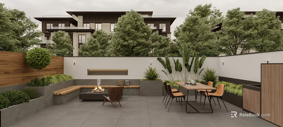 Modern Garden Landscape With Paved Patio Fire Pit Dining Table And Green Trees 3d model