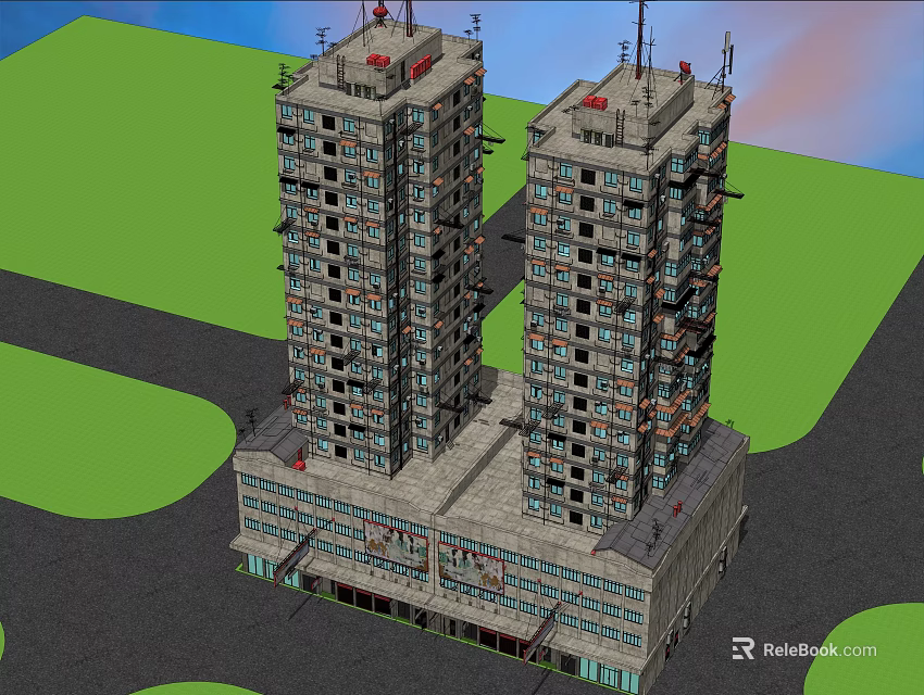 Rural Self Built House Two Multi Storey Residential Buildings With Green Area And Road Around 3d model 