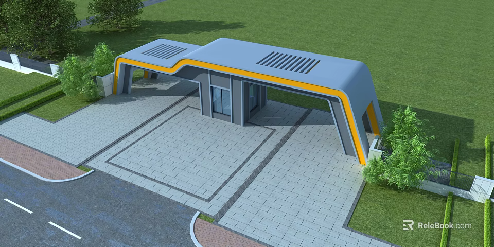 Modern Entrance Gate With Gray Roof Yellow Accent And Green Lawn Paved Square 3d model 