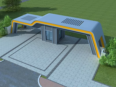 Modern Entrance Gate With Gray Roof Yellow Accent And Green Lawn Paved Square 3d model