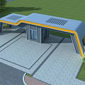 Modern Entrance Gate With Gray Roof Yellow Accent And Green Lawn Paved Square