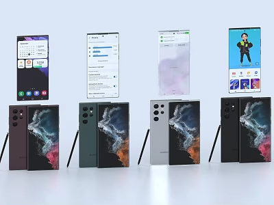 Multiple Foldable Smartphones Showcasing Various Interfaces Calendar Messages Photos Videos With Different Colors On Stands 3d model