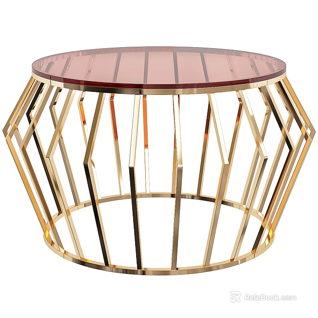 Round Coffee Table With Red Glass Top And Golden Geometric Metal Frame 3d model 
