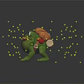 Green Toy Frog With Brown Backpack And Yellow Glowing Lights On Dark Background