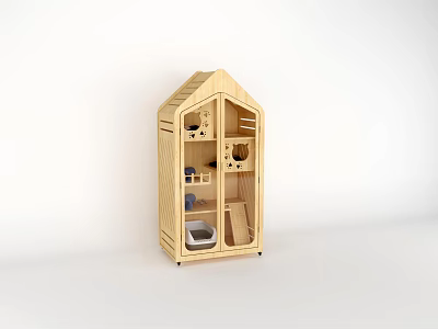 Wooden House Shaped Cabinet with Layered Shelves and Decorative Ornament Combination 3d model