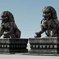 Pair of Sitting Stone Lion Statues as Garden Ornaments with Ornate Pedestals
