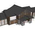 Traditional Style Office Building With Wooden Structure Gray Roof Large Windows and Front Plaza