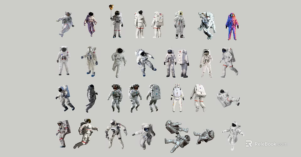 Multiple Astronaut Suits With Various Designs And Different Poses On Gray Background 3d model 