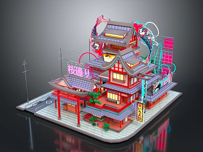 Traditional Japanese Multi story Building Model with Red Structure and Decorative Elements 3d model