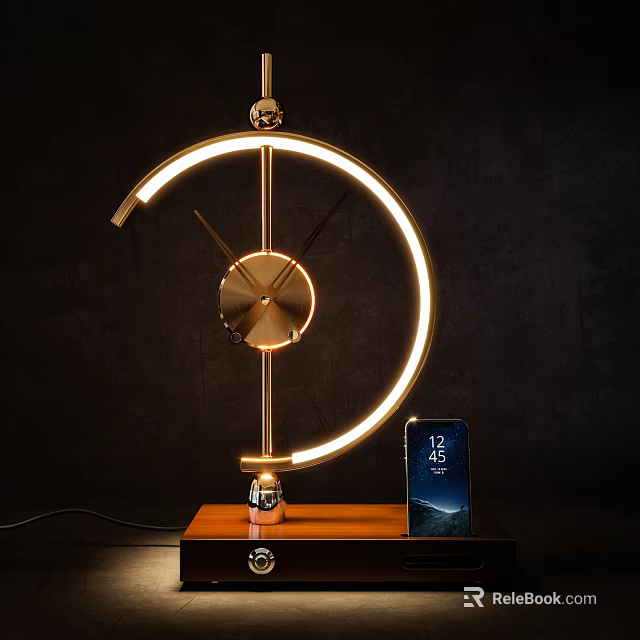 Modern Desk Lamp with Crescent LED Light Metallic Frame Wooden Base and Phone Stand 3d model 