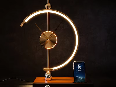 Modern Desk Lamp with Crescent LED Light Metallic Frame Wooden Base and Phone Stand 3d model