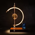Modern Desk Lamp with Crescent LED Light Metallic Frame Wooden Base and Phone Stand
