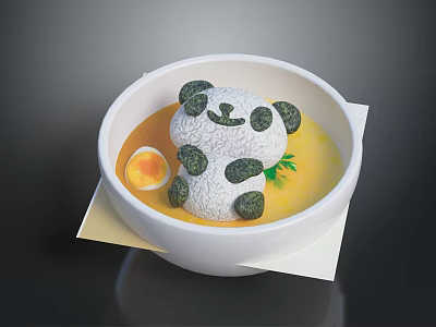 Panda Shaped Food in Yellow Broth Soup with Egg and Green Garnish 3d model