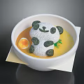 Panda Shaped Food in Yellow Broth Soup with Egg and Green Garnish