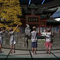 Traditional Culture Pavilion Featuring Ancient Architecture Children Interacting Near Stone Statues And Display Area