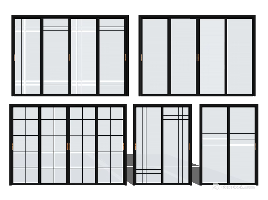 Various Modern Sliding Doors With Black Frames And Glass Panel Designs 3d model