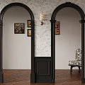 Elegant Room Interior Featuring Black Arches Patterned Wallpaper Decorative Paintings And Chair On Wooden Floor