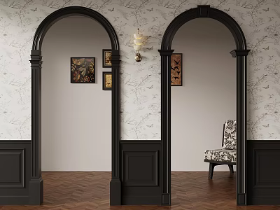 Elegant Room Interior Featuring Black Arches Patterned Wallpaper Decorative Paintings And Chair On Wooden Floor 3d model
