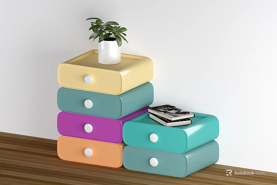 Multicolored Stackable Storage Drawers with Small Plant on Top and Books Beside 3d model 