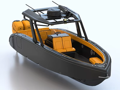 Modern Black Yacht With Yellow Seats Open Cockpit And Sporty Roof Design 3d model