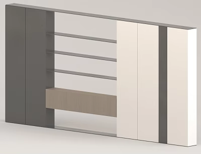 Modern Background Wall Design with Gray White Panels Open Shelves and Wooden Shelf 3d model