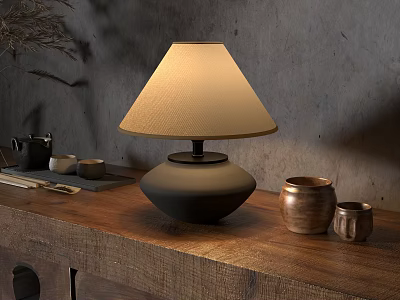 Natural Style Table Lamp With Beige Fabric Shade On Wooden Tabletop And Ceramic Jars 3d model
