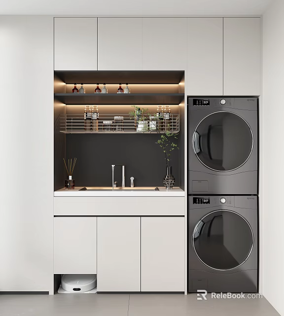 Modern Laundry Room Design With Stacked Washer Dryer And Storage Cabinets 3d model 