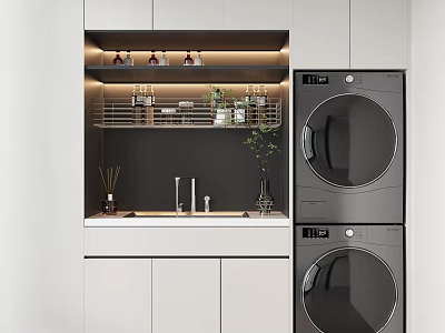Modern Laundry Room Design With Stacked Washer Dryer And Storage Cabinets 3d model