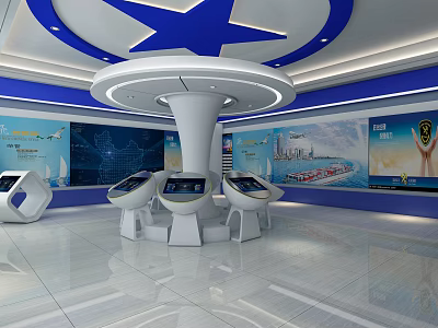 Modern Exhibition Hall Featuring Blue White Design Central Circular Structure And Interactive Touch Screens 3d model