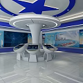 Modern Exhibition Hall Featuring Blue White Design Central Circular Structure And Interactive Touch Screens