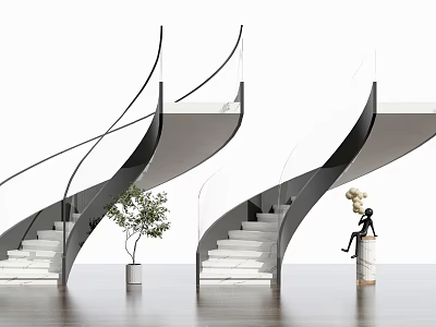 Modern Black and White Spiral Staircase with Green Plant and Decorative Figurine Interior 3d model