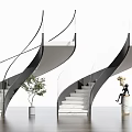 Modern Black and White Spiral Staircase with Green Plant and Decorative Figurine Interior