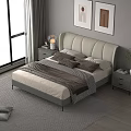 Modern Double Bed With White Upholstered Headboard Nightstands Wall Art And Green Plant