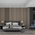 Modern Bedroom Interior Design With Wooden Paneled Walls Large Bed Nightstands Table Lamps And Armchair