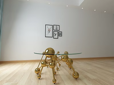 Modern Golden Round Table With Glass Top And Spherical Legs Interior Design 3d model