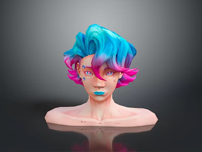 Woman With Blue And Pink Curly Hair And Colorful Makeup On Dark Background 3d model