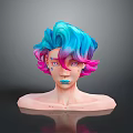 Woman With Blue And Pink Curly Hair And Colorful Makeup On Dark Background