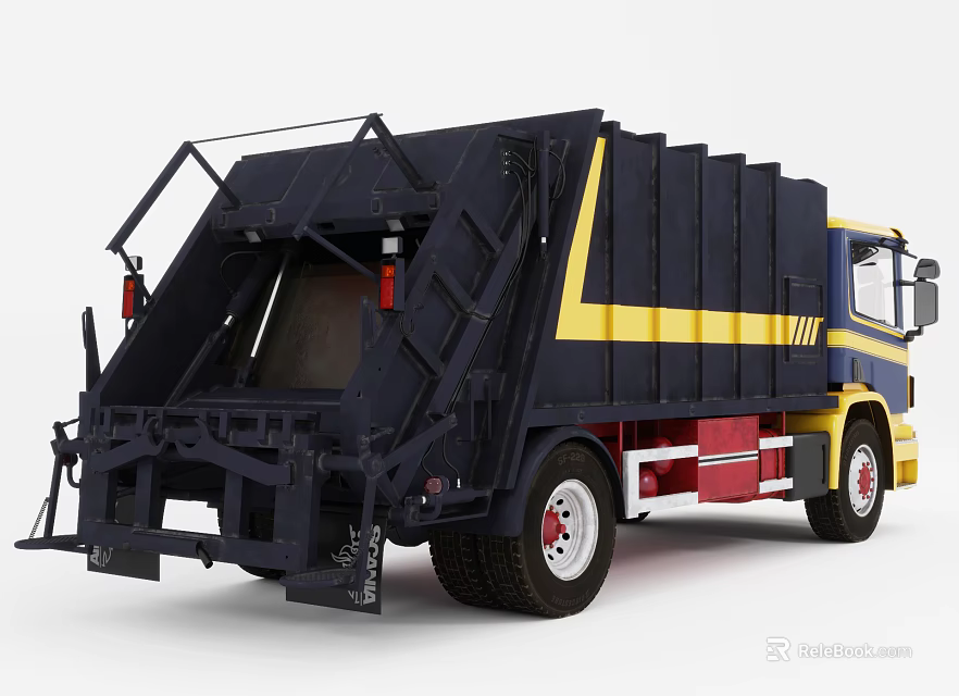 Dark Blue And Yellow Garbage Truck With Rear Loading Mechanism And Waste Collection Function 3d model 