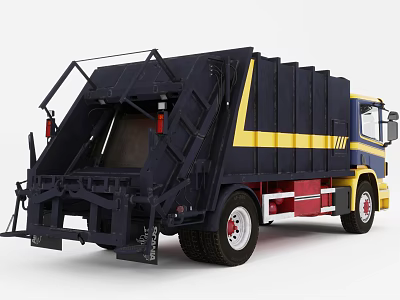 Dark Blue And Yellow Garbage Truck With Rear Loading Mechanism And Waste Collection Function 3d model