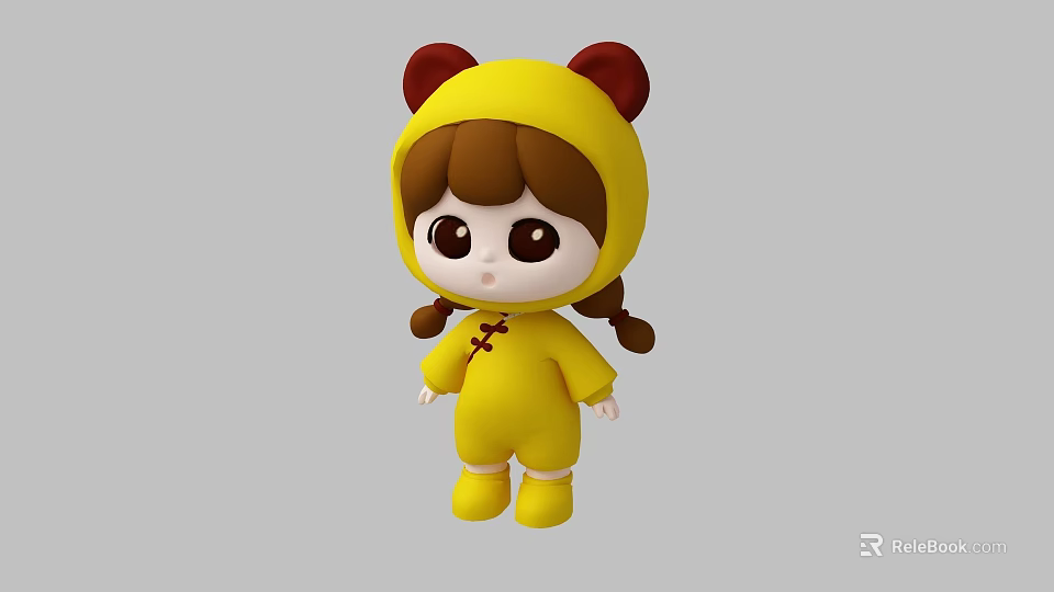 Cute Girl Doll In Yellow Onesie With Red Eared Hood Brown Braids And Chinese Button 3d model 