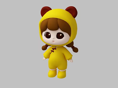 Cute Girl Doll In Yellow Onesie With Red Eared Hood Brown Braids And Chinese Button 3d model