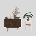 Modern Wooden Console Table And Side Table With Geometric Pattern Potted Plant Oranges And Books