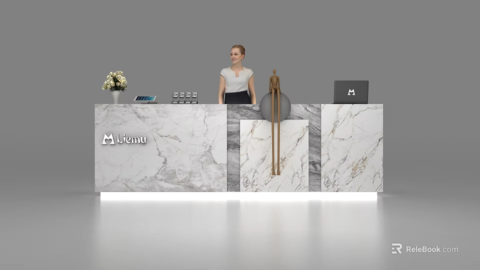 Modern Marble Reception Desk LEONI with Vase Flowers Tablet Laptop and Sculpture and Receptionist Standing 3d model 