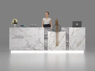 Modern Marble Reception Desk LEONI with Vase Flowers Tablet Laptop and Sculpture and Receptionist Standing 3d model