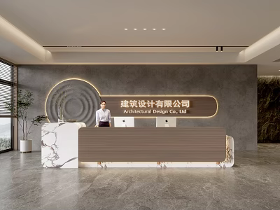 Modern Office Reception Desk With Marble Countertop Background Wall Circular Decoration And Company Name 3d model