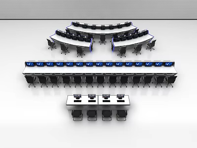 Modern Office Desks With Curved And Long Workstations Ergonomic Chairs And Computer Monitors 3d model