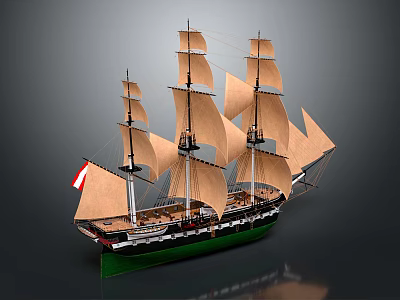 Vintage Sailing Ship Model with Multiple Masts Brown Sails and Green Hull 3d model