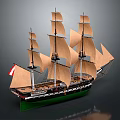 Vintage Sailing Ship Model with Multiple Masts Brown Sails and Green Hull 3d model